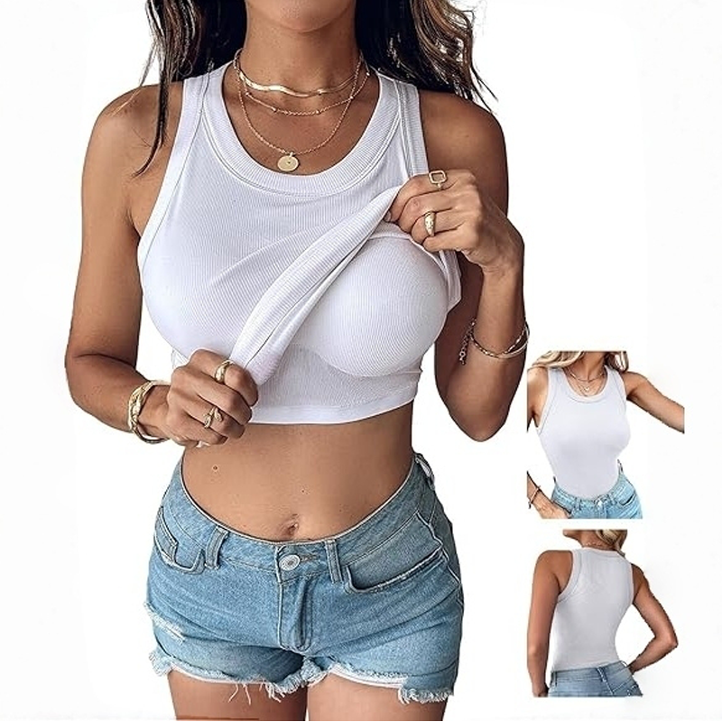 Built-in Bra Tank Top Ribbed Racerback Tops Women Going Out Tops Everyday Basic Tanks Padded Tops