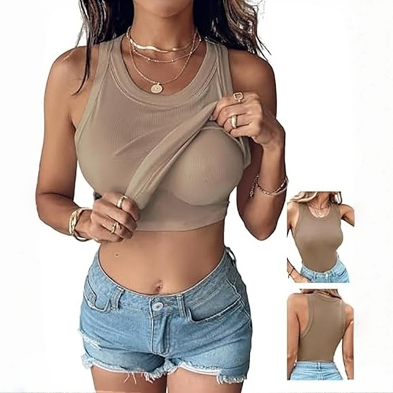 Built-in Bra Tank Top Ribbed Racerback Tops Women Going Out Tops Everyday Basic Tanks Padded Tops