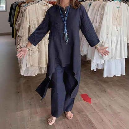Women's Summer Linen Two-Piece – V Neck Shirt & Wide Leg Pants