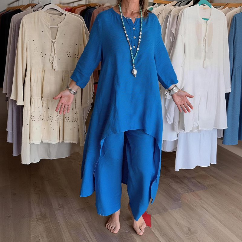 Women's Summer Linen Two-Piece – V Neck Shirt & Wide Leg Pants