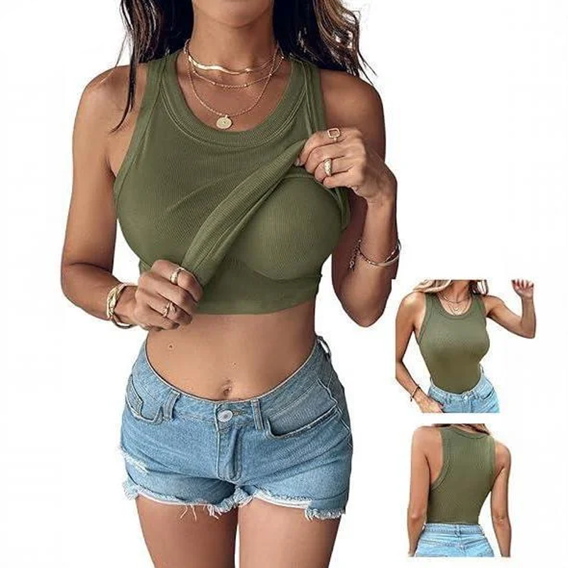 Built-in Bra Tank Top Ribbed Racerback Tops Women Going Out Tops Everyday Basic Tanks Padded Tops