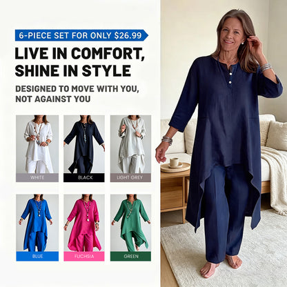 Women's Summer Linen Two-Piece – V Neck Shirt & Wide Leg Pants