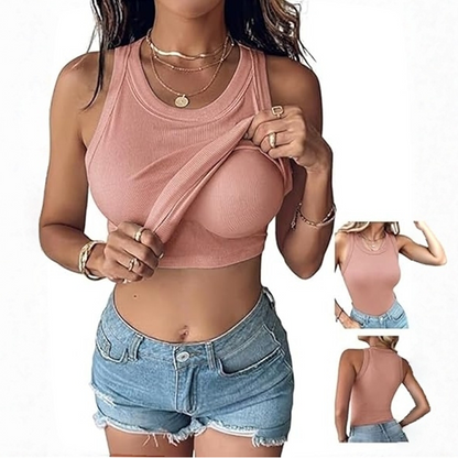 Built-in Bra Tank Top Ribbed Racerback Tops Women Going Out Tops Everyday Basic Tanks Padded Tops