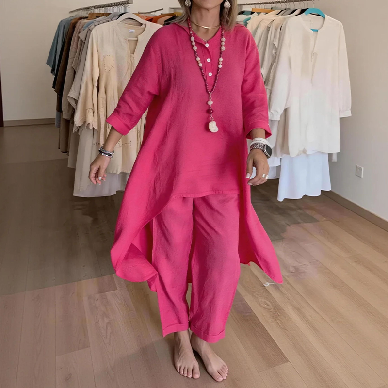 Women's Summer Linen Two-Piece – V Neck Shirt & Wide Leg Pants