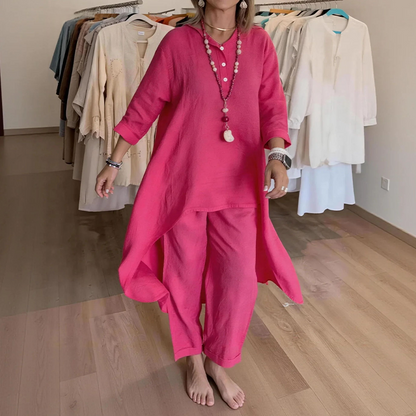 Women's Summer Linen Two-Piece – V Neck Shirt & Wide Leg Pants
