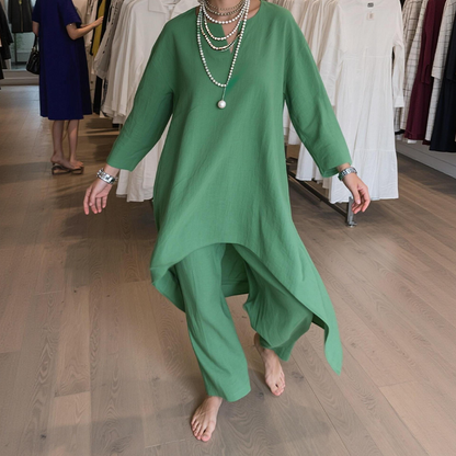 Women's Summer Linen Two-Piece – V Neck Shirt & Wide Leg Pants