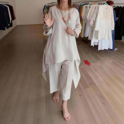 Women's Summer Linen Two-Piece – V Neck Shirt & Wide Leg Pants