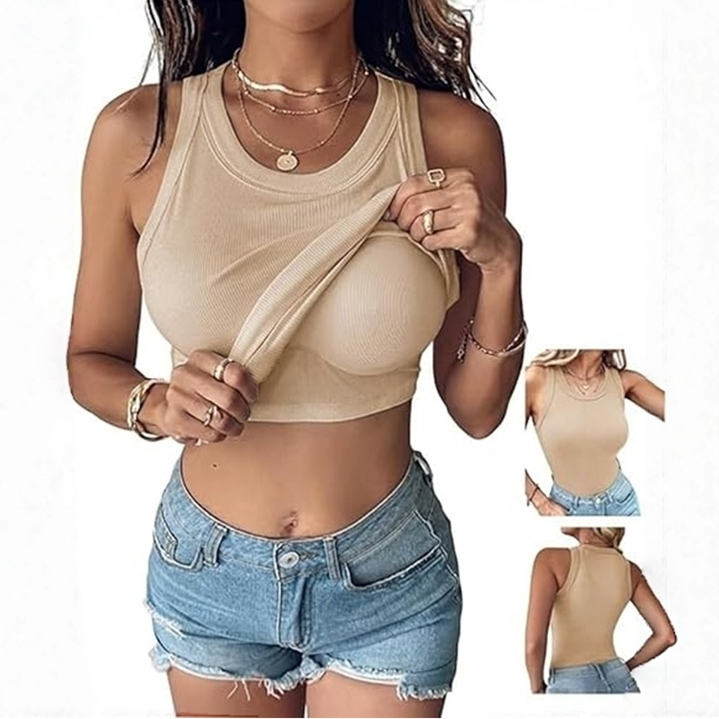 Built-in Bra Tank Top Ribbed Racerback Tops Women Going Out Tops Everyday Basic Tanks Padded Tops