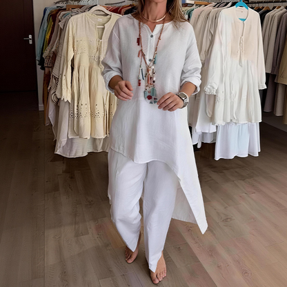 Women's Summer Linen Two-Piece – V Neck Shirt & Wide Leg Pants