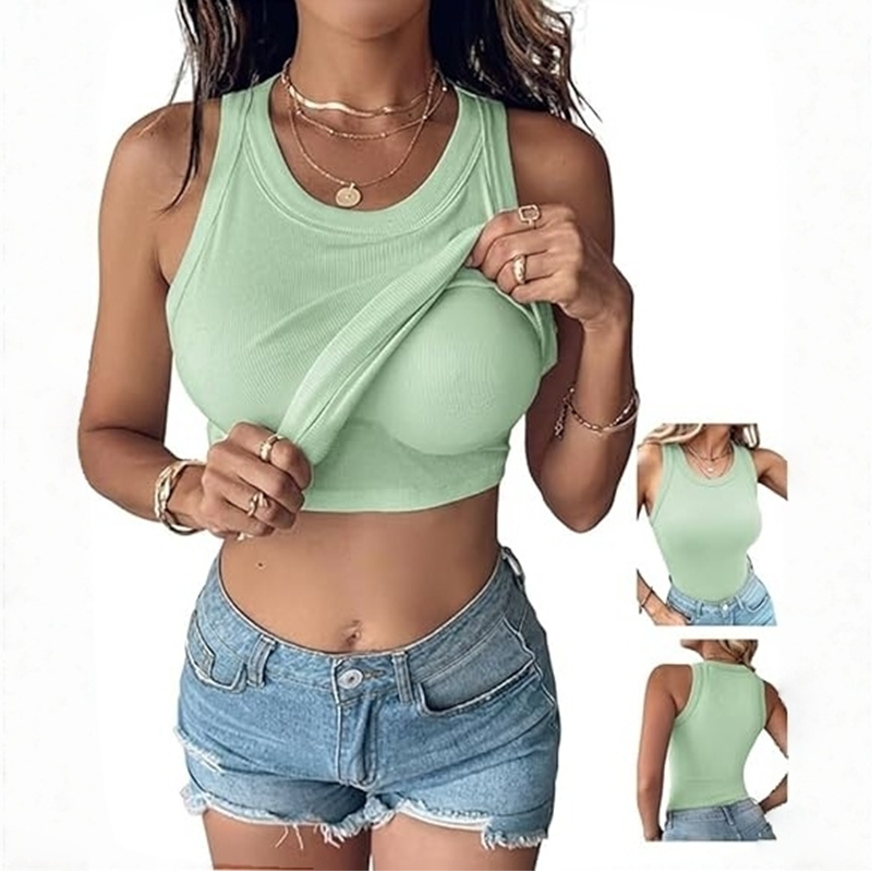 Built-in Bra Tank Top Ribbed Racerback Tops Women Going Out Tops Everyday Basic Tanks Padded Tops