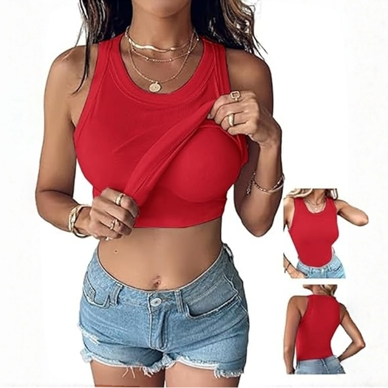 Built-in Bra Tank Top Ribbed Racerback Tops Women Going Out Tops Everyday Basic Tanks Padded Tops