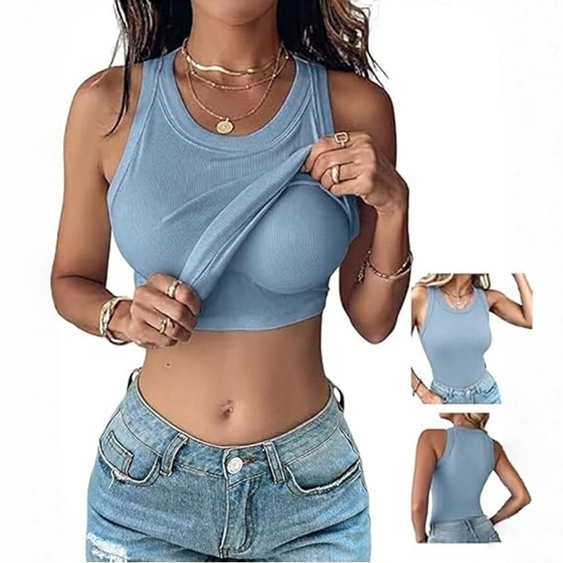 Built-in Bra Tank Top Ribbed Racerback Tops Women Going Out Tops Everyday Basic Tanks Padded Tops