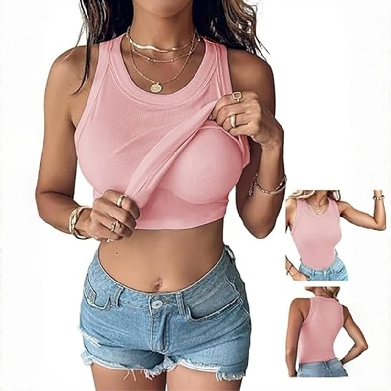 Built-in Bra Tank Top Ribbed Racerback Tops Women Going Out Tops Everyday Basic Tanks Padded Tops